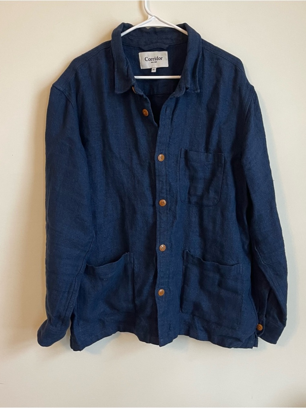 Corridor Seersucker Men’s Navy linen Button Down OverShirt Chore Jacket XL
